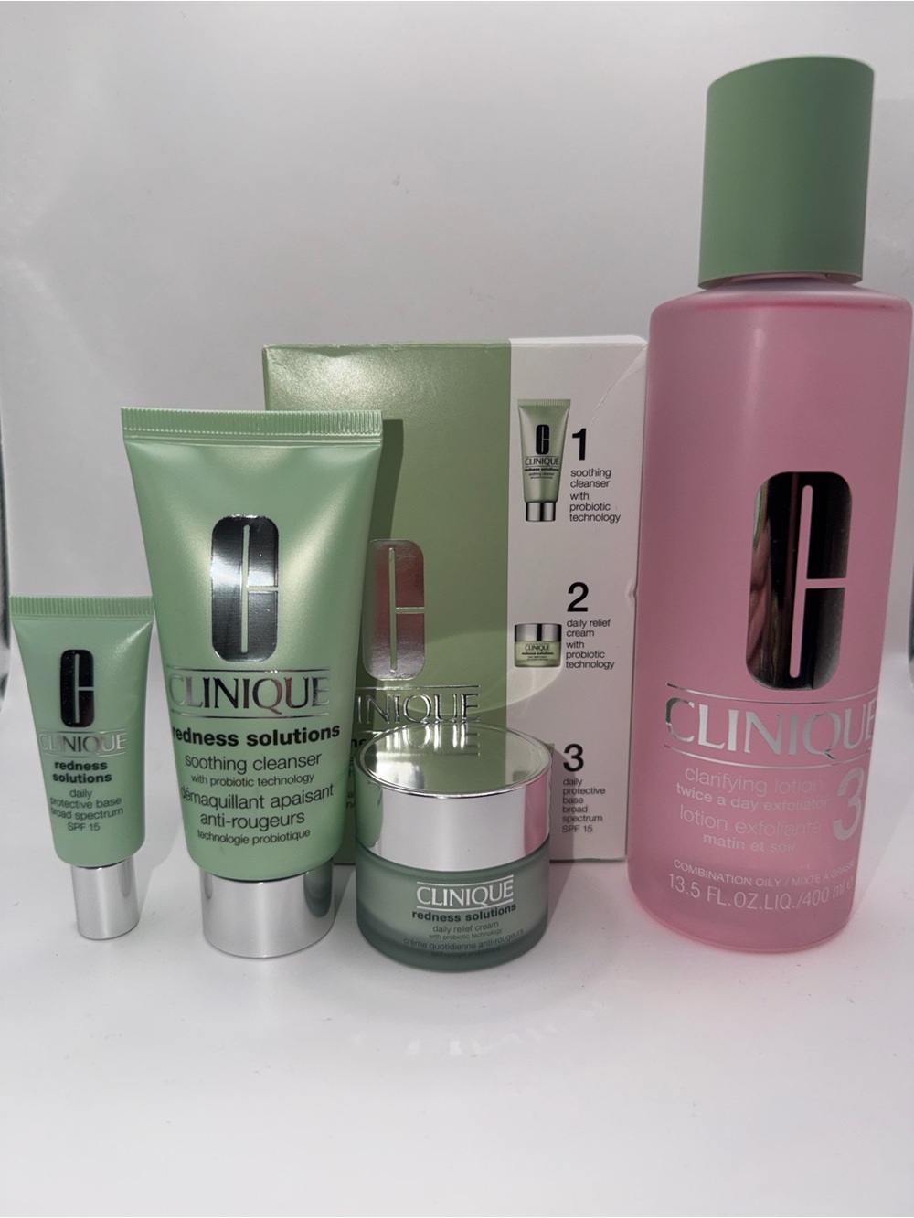 Clinique Redness Solutions Regimen 3-Pc Set+F/S Clarifying Lotion 3 Bundle NIB!